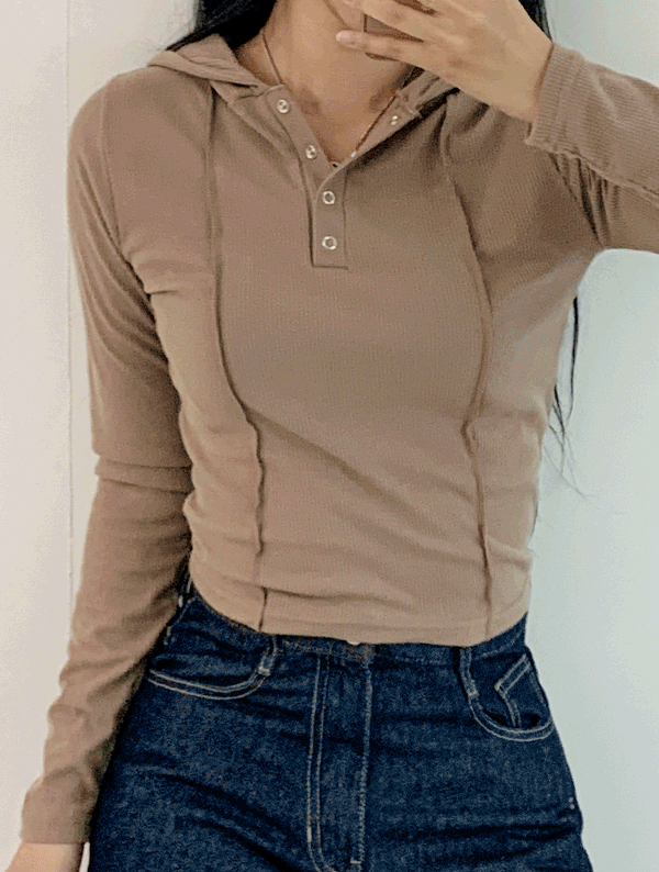 [가을신상🍂] 에블린 골지 스냅 후드 티셔츠_LTS0003 가을 간절기 긴팔 크롭 숏 또또 절개 기본 베이직 골지 슬림핏 이지룩 Y2K